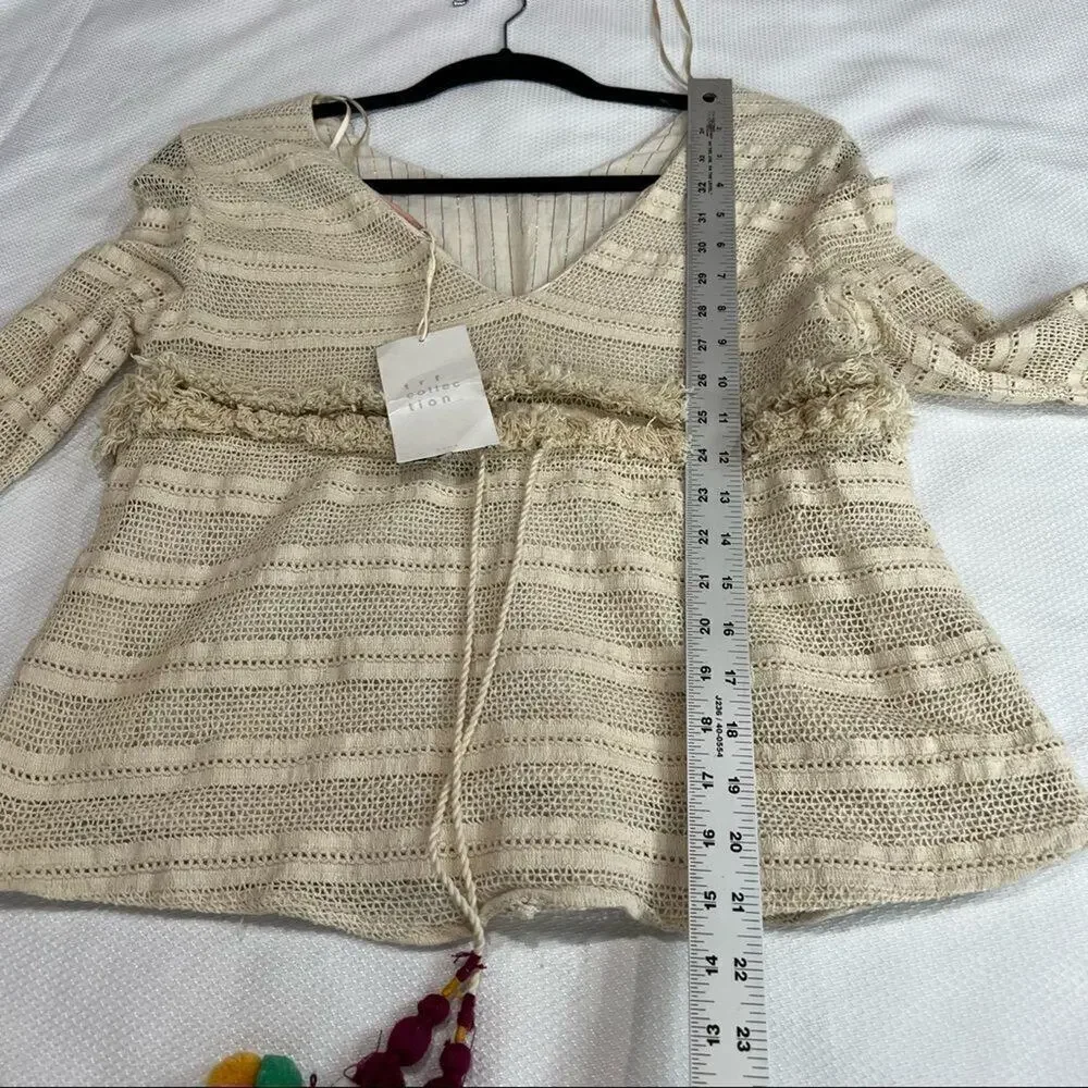 Zara Cream Crochet‎ Boho Fringed Tassel Tie V Neck Blouse